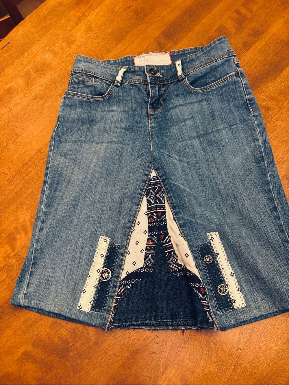 Denim Midi Skirt with Patterned Inset - Blue